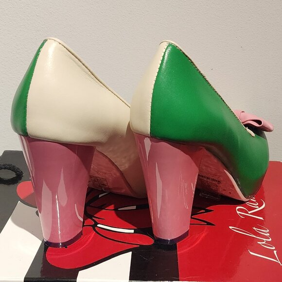 Lola Ramona Green and Off-White Leather Heels with Pink Bow Angie P - Picture 10 of 13